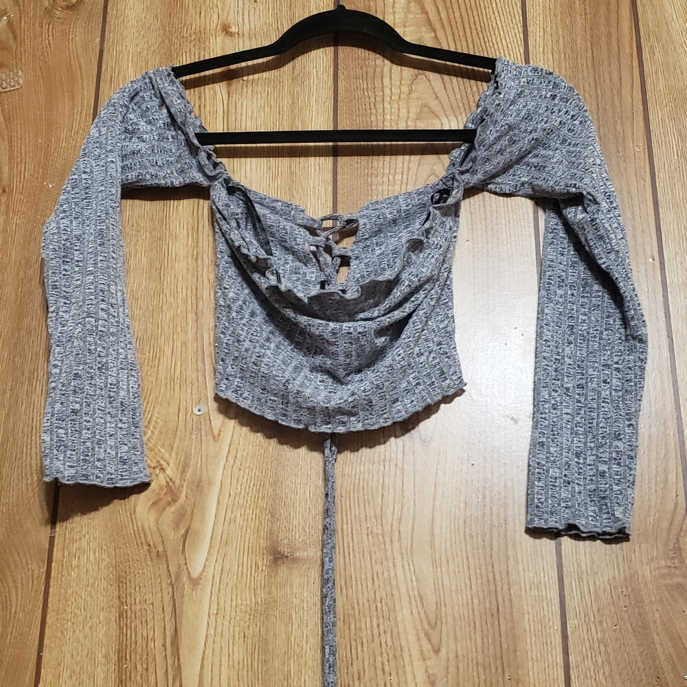 Ribbed Grey top with attached sleeves corset lace up size M Laces That Wrap